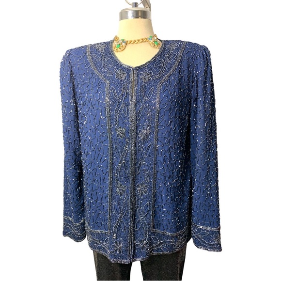 Gorgeous Elegant Blue Long Sleeves Beaded Embellished Jacket Size M/L - Picture 10 of 13
